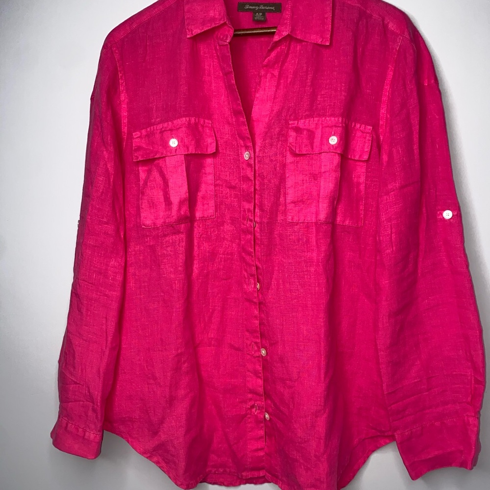 Tommy Bahama Bright Pink Button-Up Shirt Women’s Small Petite 100% Linen